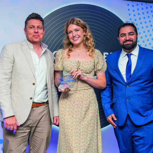 Emily Kellock, Commercial Director at Label Apeel, receiving the Excellence with Hybrid Printing award at the 2026 Digital Labels & Packaging Awards.